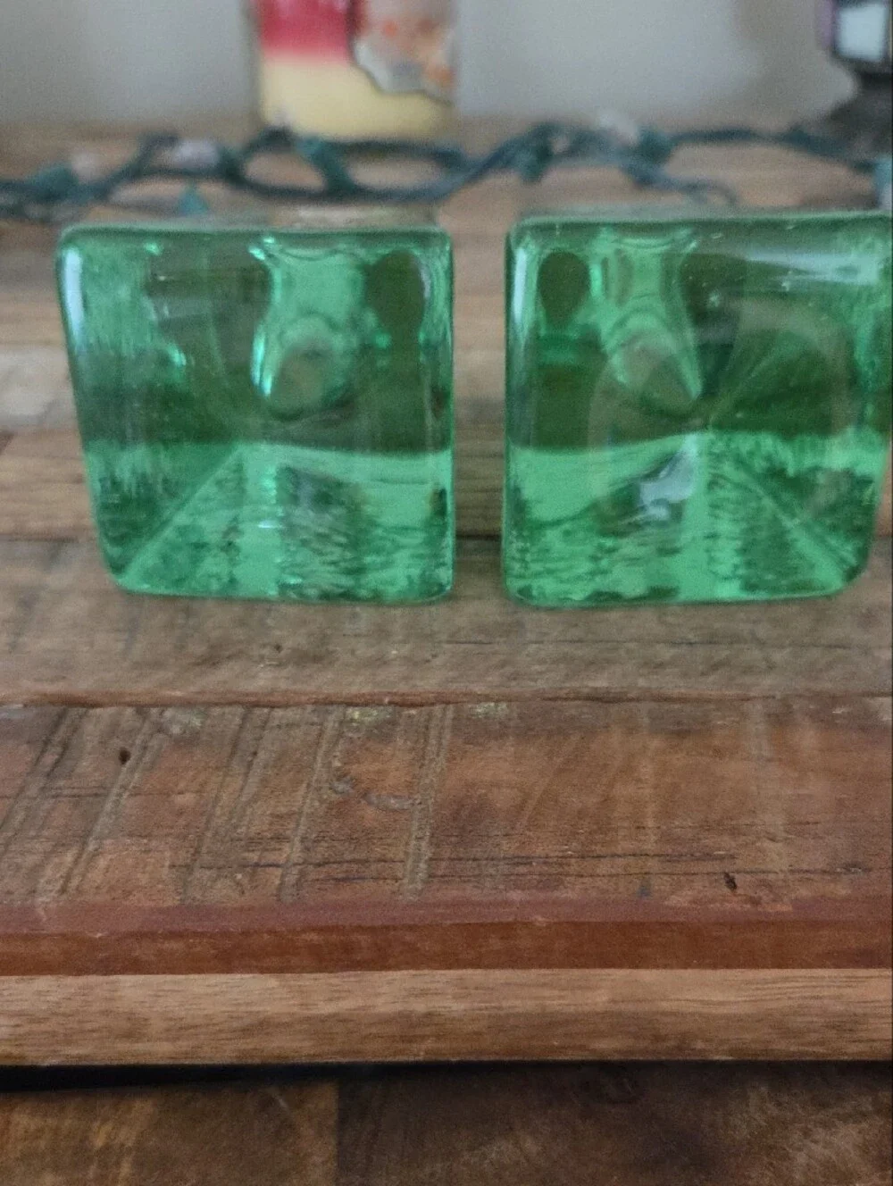 Fire and Light Signed Green Glass Taper Candle Holders - Pair